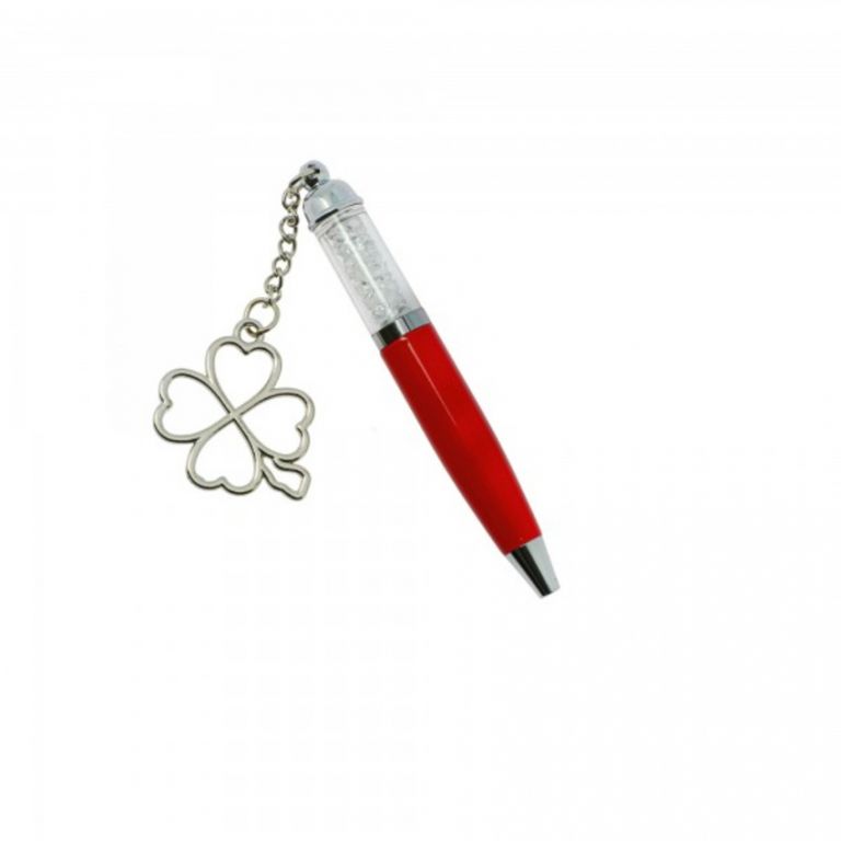 PENNA ROSSA CON CRISTALLI E QUADRIFOGLIO 5 PEZZI